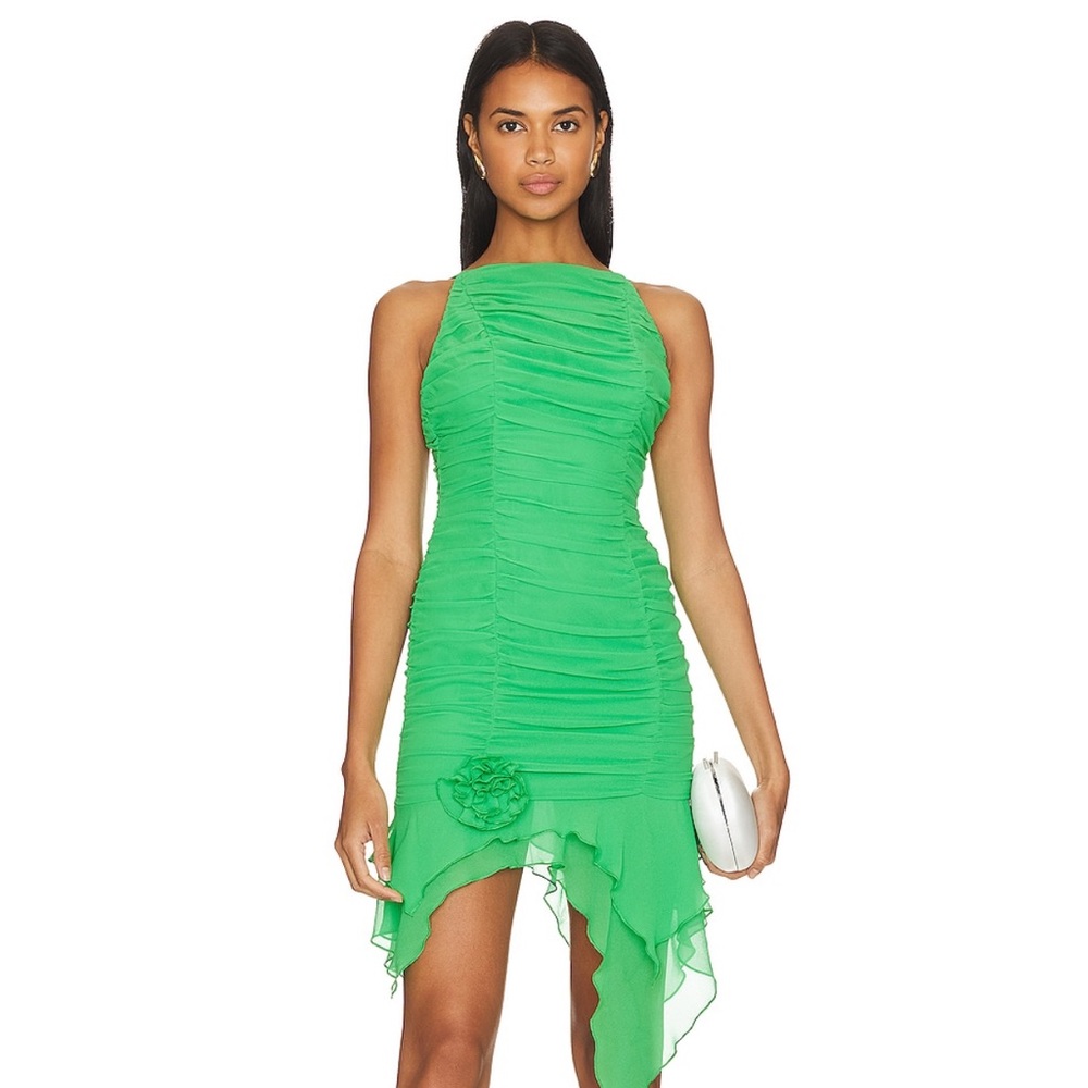 Green Ruched Asymmetric Hem Dress